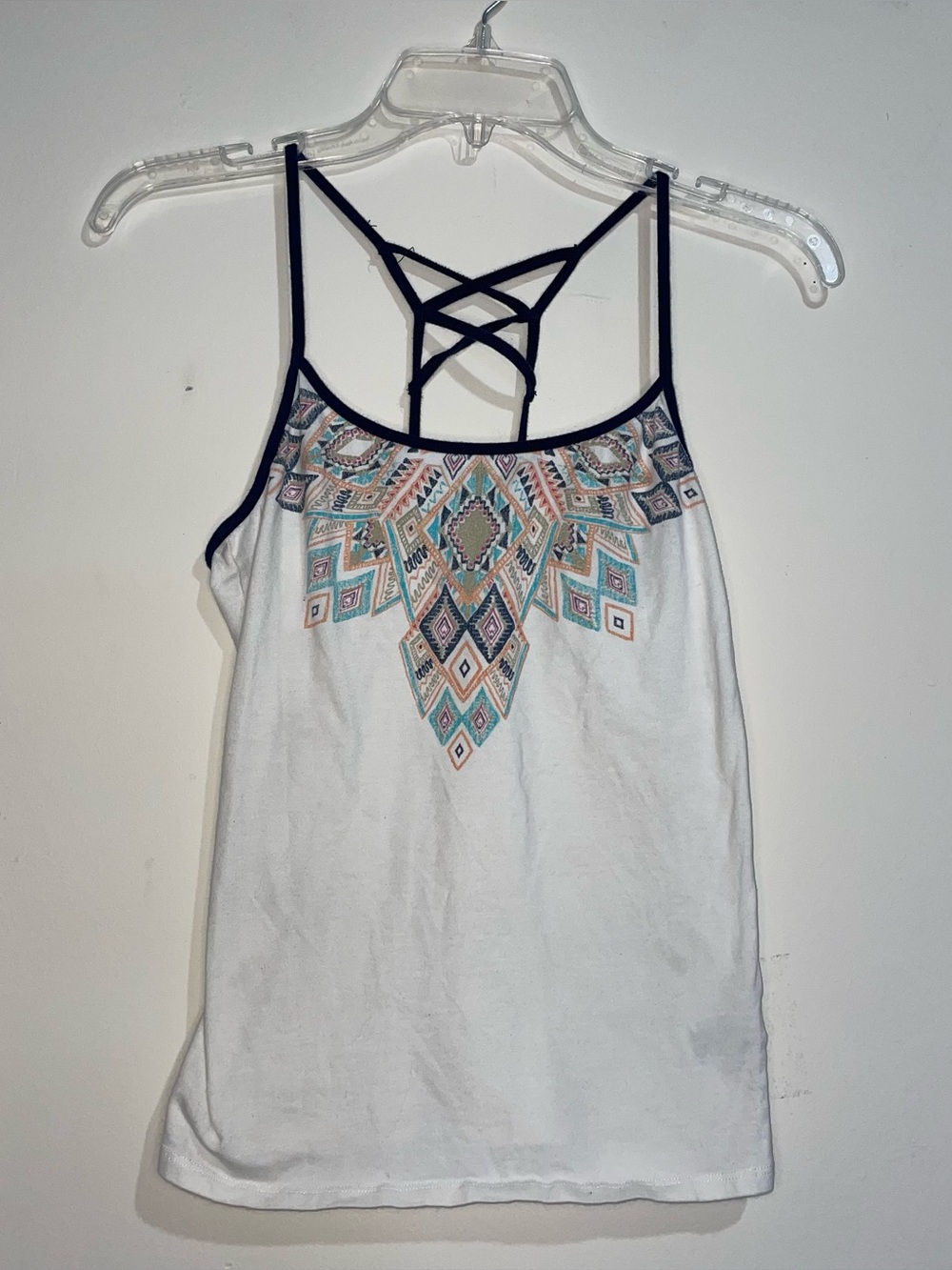 Aeropostale White Navy Tribal Pattern Y2K Favorite Cami L Cotton Blend